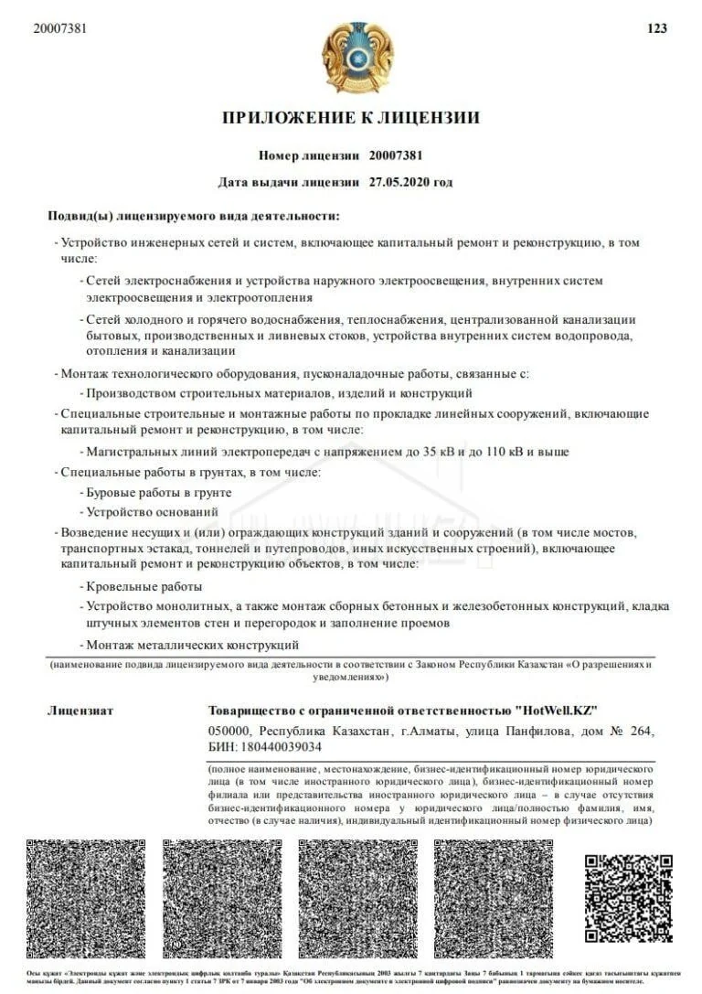 Приложение к лицензии № 20007381 — перечень разрешённых строительно-монтажных работ HotWell.KZ