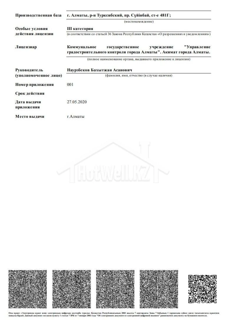 Приложение к лицензии HotWell.KZ — производственная база в Алматы, III категория, дата выдачи 27.05.2020