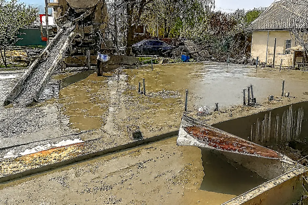 Заливка бетонной плиты дома «И-58»: рабочие принимают бетон из миксера