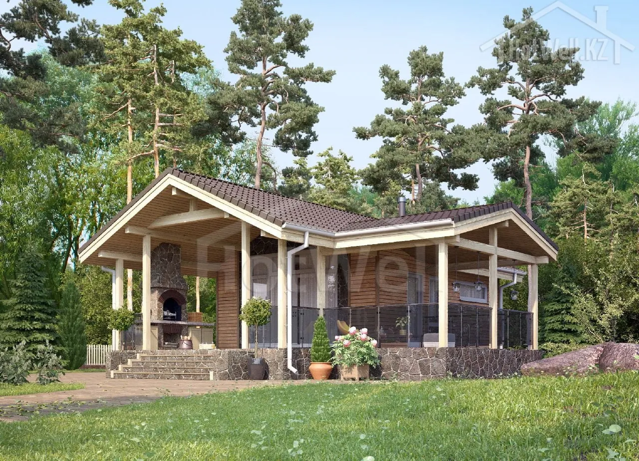 Баня с просторной террасой, деревянный сайдинг, каменный цоколь и уличный каменный камин