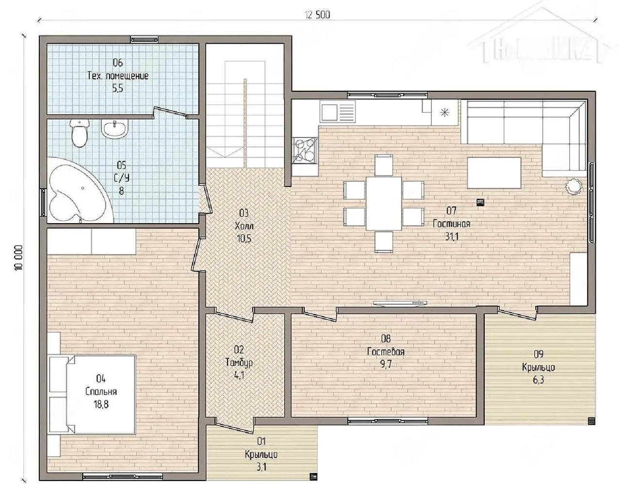 Планировка первого этажа: гостиная 31 м², спальня, санузел, тамбур, крыльца