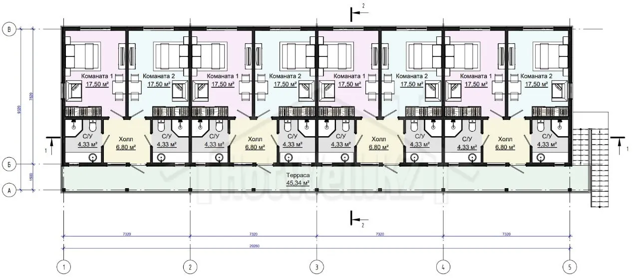 Планировка этажа A-545: восемь комнат по 17,5 м², санузлы, холлы, терраса