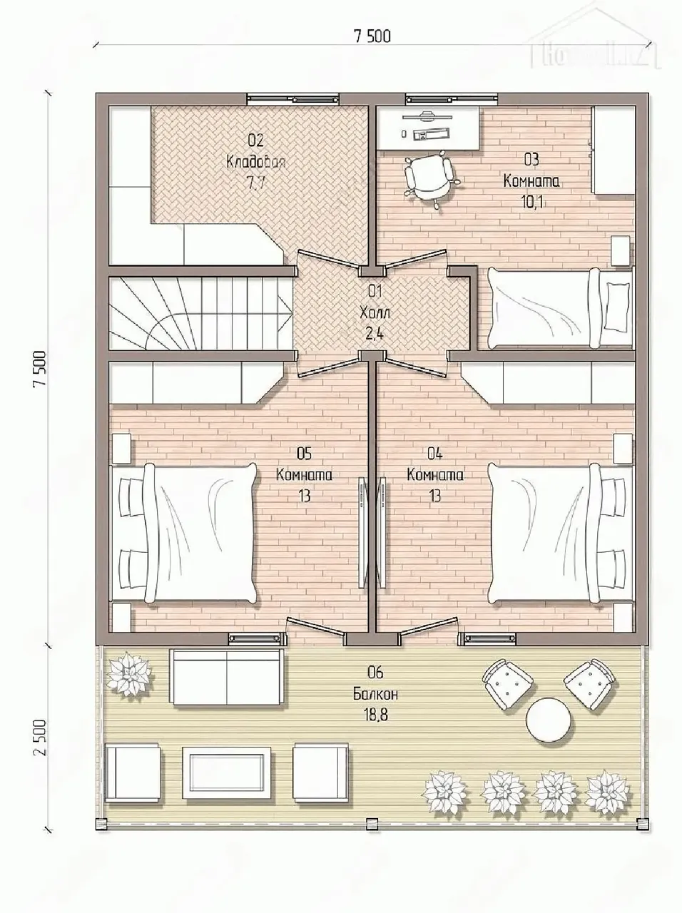 Планировка второго этажа: три комнаты, кладовая, холл и балкон 18,8 м²