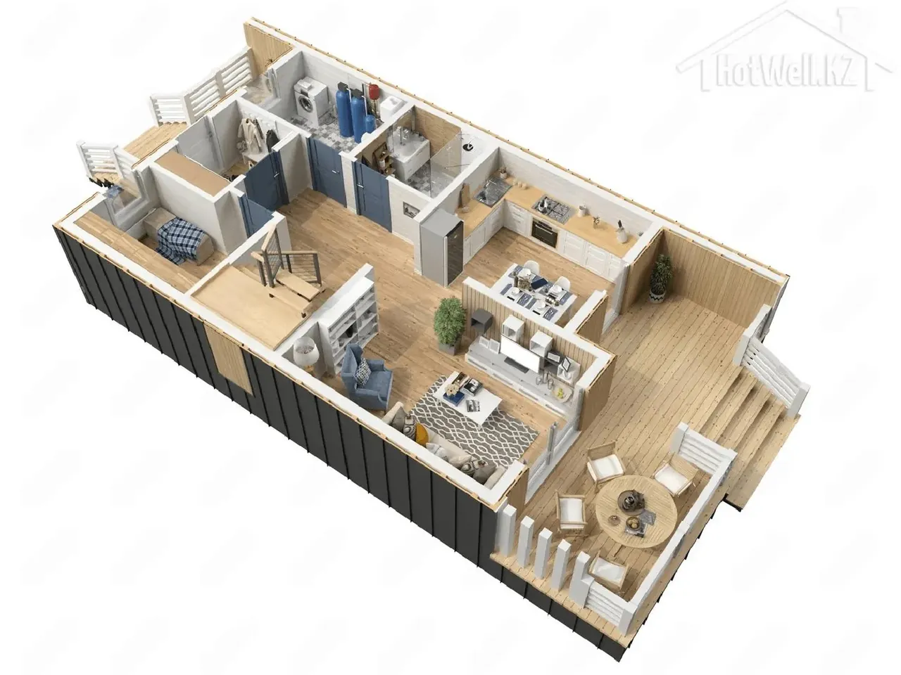 3D-разрез первого этажа Б-133 с гостиной, кухней и террасой