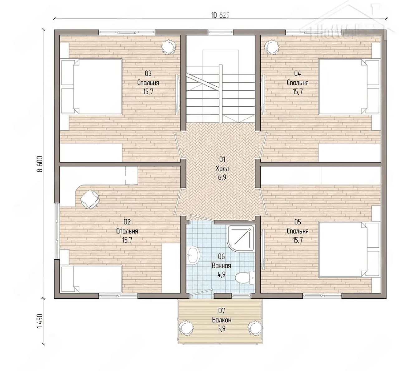 Планировка второго этажа: четыре спальни по 15,7 м², ванная и балкон