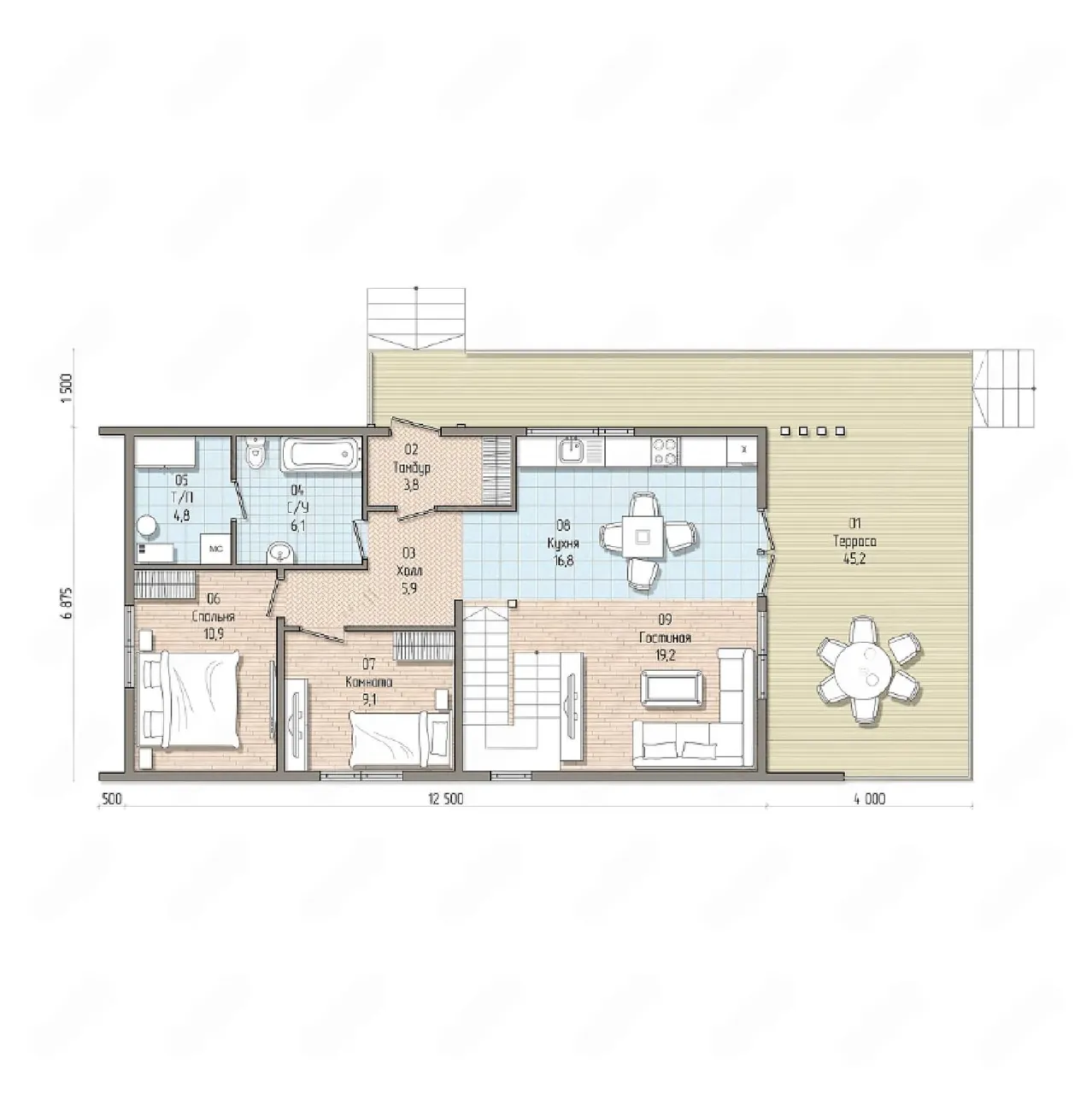 Планировка первого этажа: просторная терраса 45 м², кухня, гостиная, спальня, комната и санузел