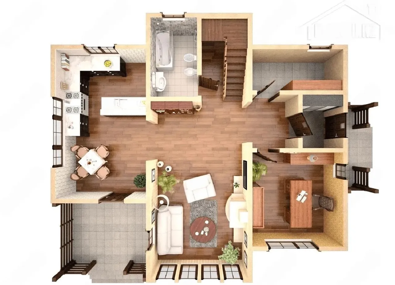 3D-разрез первого этажа B-220 с кухней, санузлом и лестницей