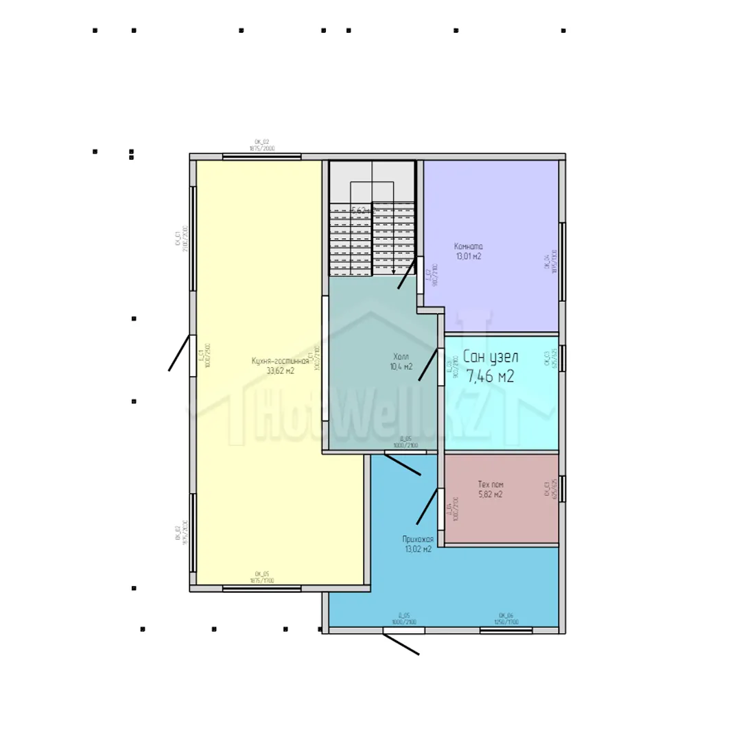 Планировка первого этажа дома «Б-240»: кухня-гостиная 33,6 м², санузел и прихожая