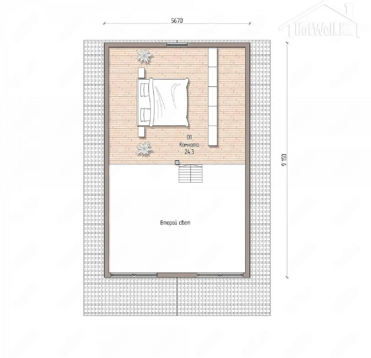 Планировка мансарды: комната 24,3 м² с зоной второго света над гостиной