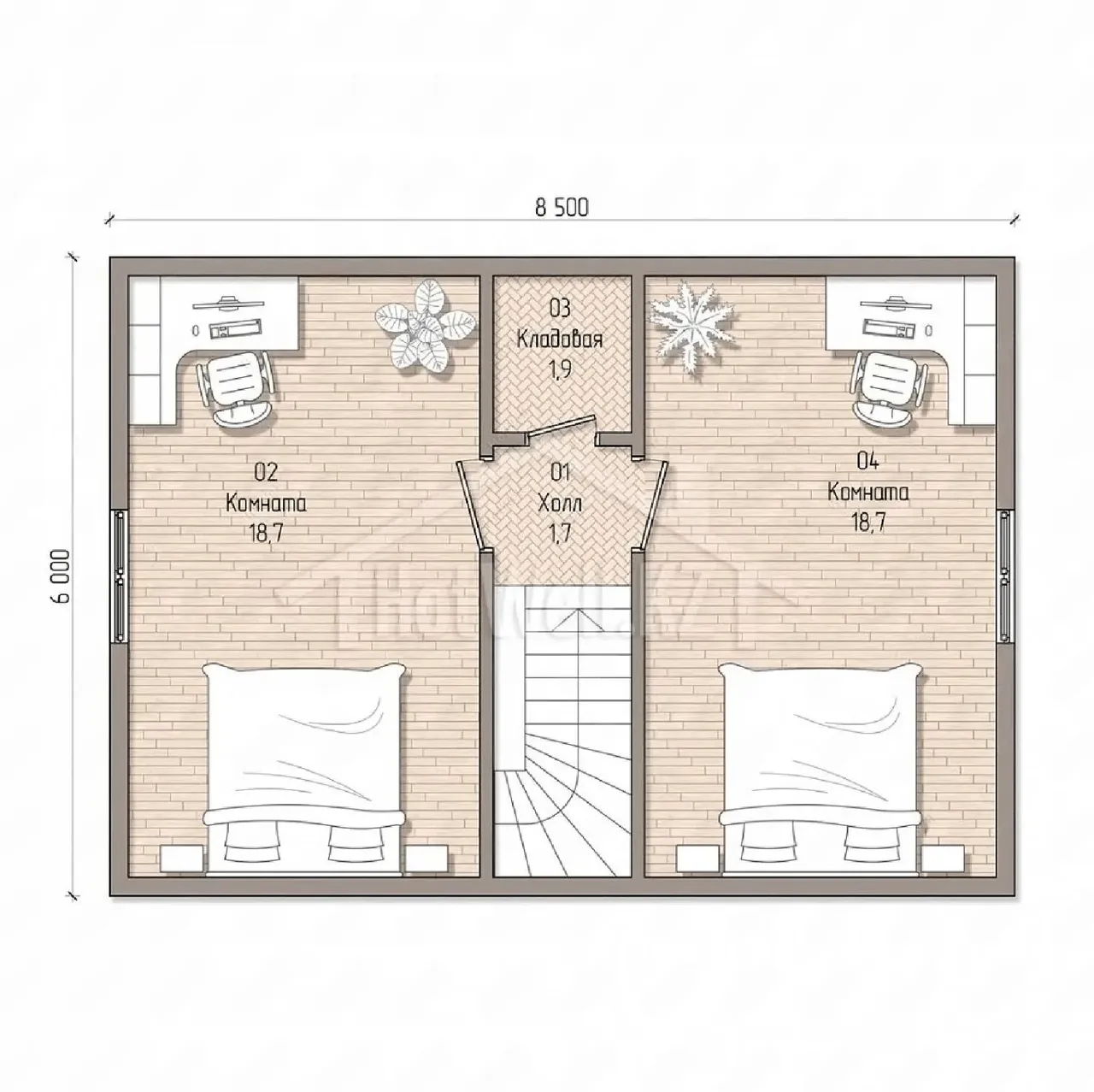 Планировка второго этажа Д-102: две комнаты по 18,7 м², кладовая и холл с лестницей