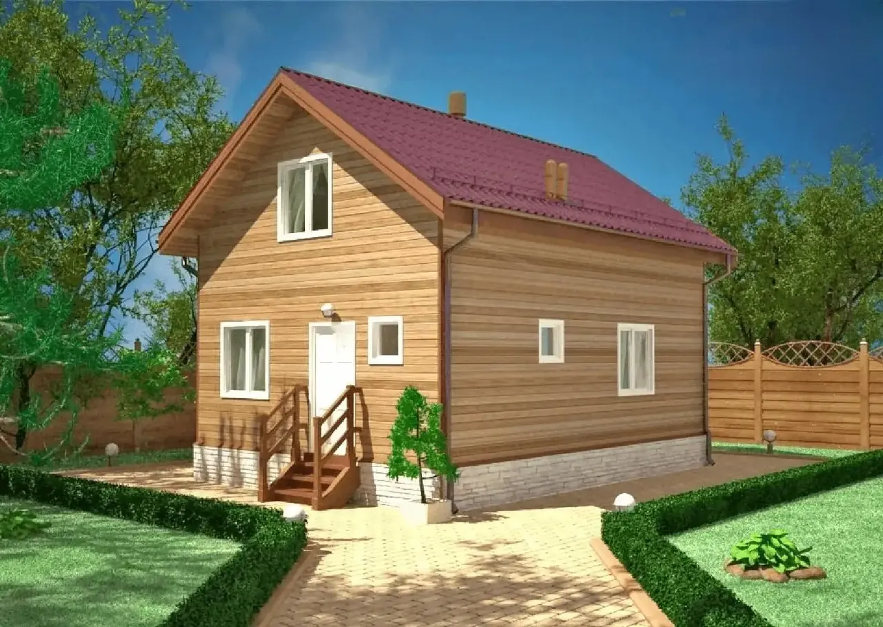 Двухэтажный дом с деревянным фасадом и бордовой черепичной крышей