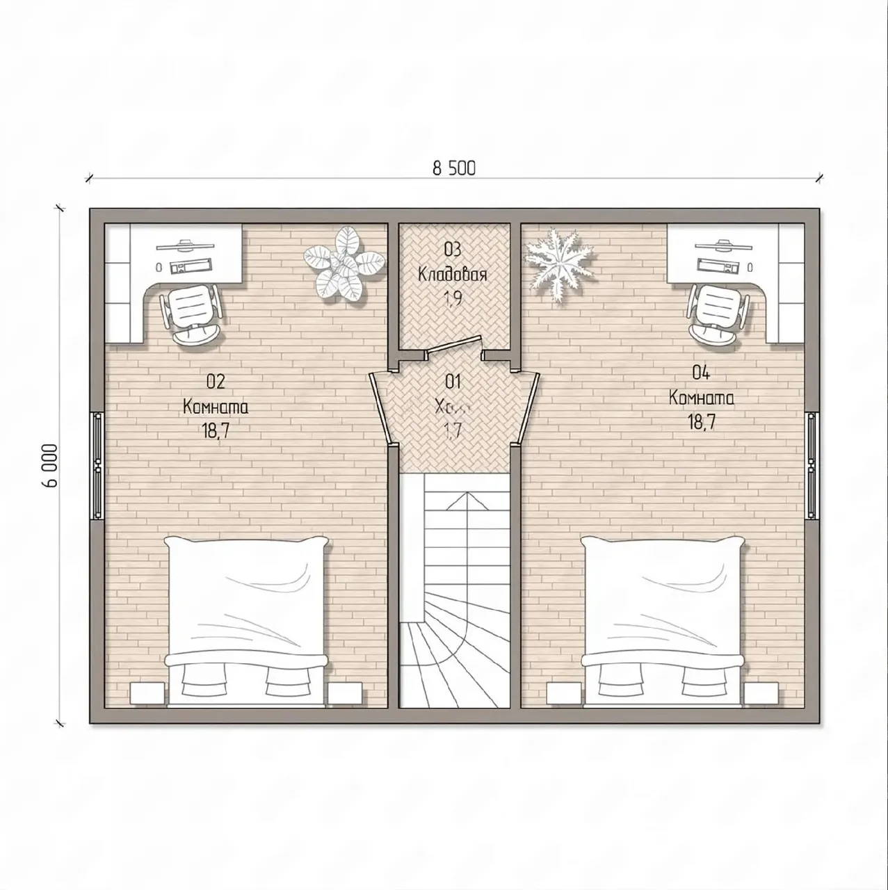 Планировка второго этажа: две комнаты по 18,7 м², кладовая и холл