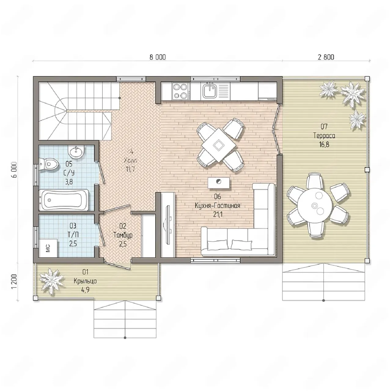 Планировка первого этажа: кухня-гостиная, санузел, холл, терраса 16,8 м² и крыльцо
