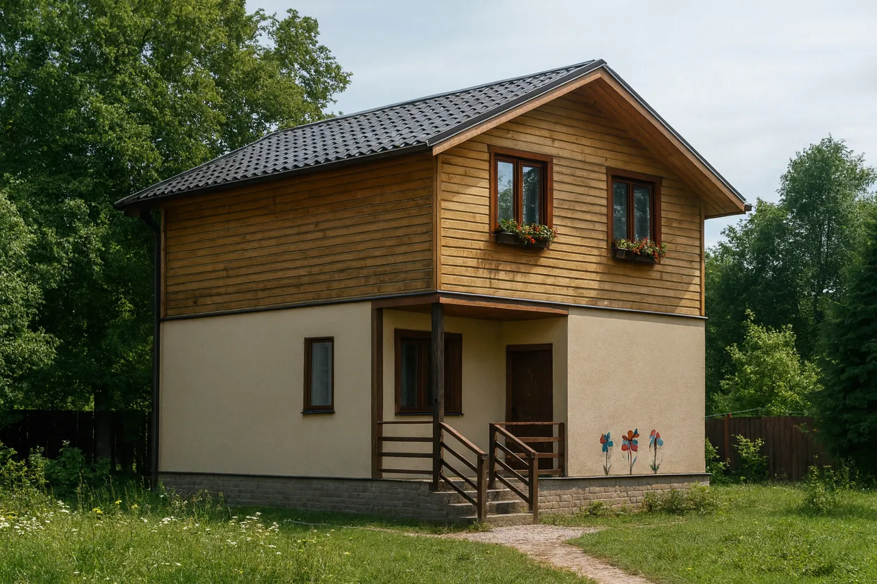 Компактный двухэтажный дом D-126, деревянный сайдинг и штукатурка, крыльцо с навесом