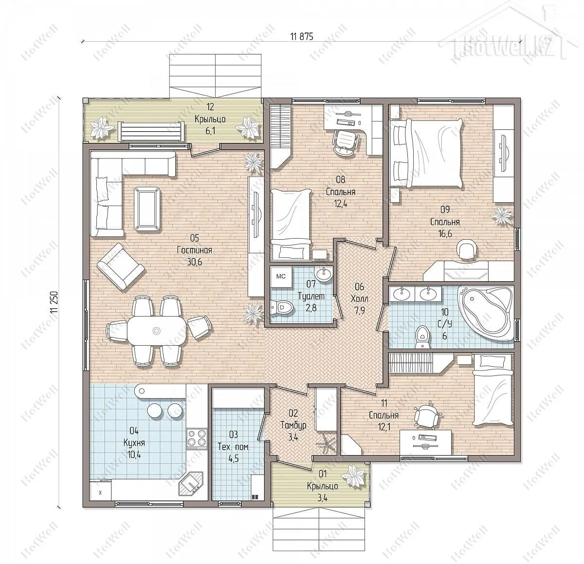 Планировка одноэтажного дома Д-129: гостиная 30,6 м², кухня, три спальни, санузлы и два крыльца