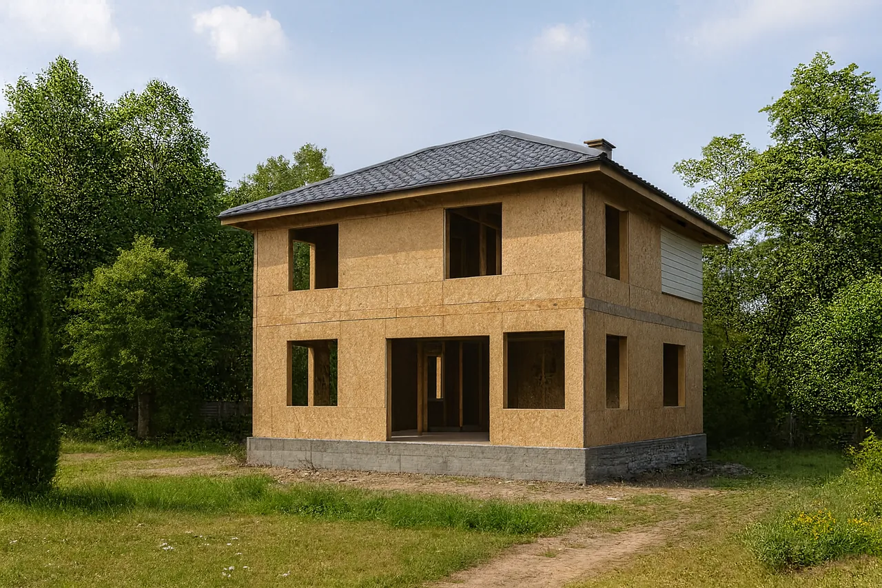 Дом «Г-199» в черновой отделке: СИП-панели OSB-3, металлочерепица, пустые проёмы без окон и дверей, в проёмах видны сосновые балки перекрытия