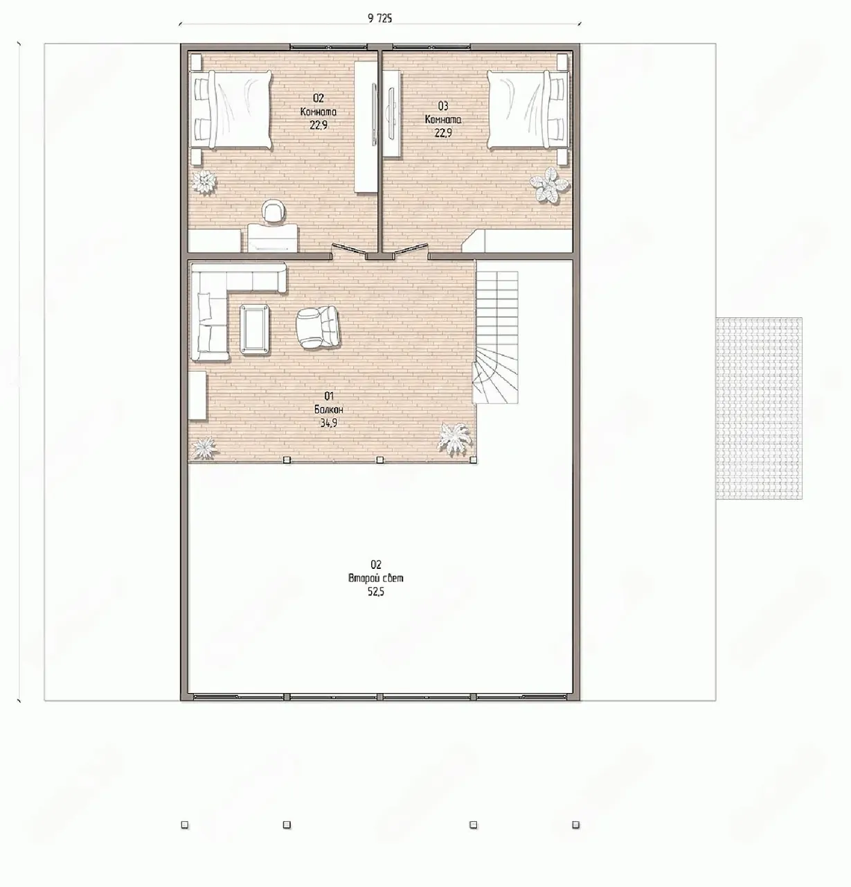 Планировка второго этажа: две комнаты, балкон 35 м² и зона второго света