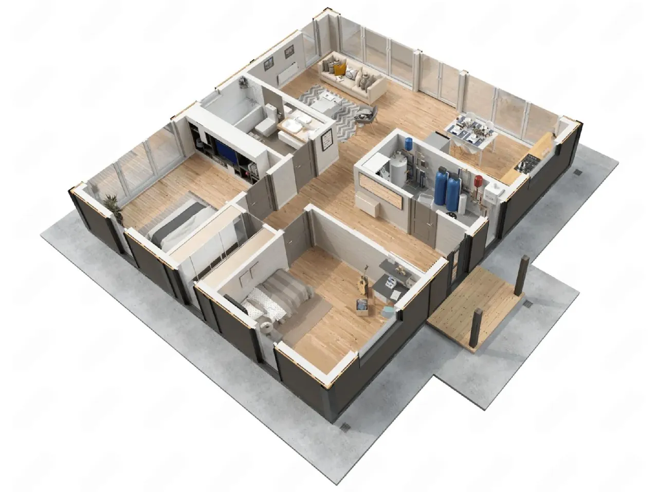 3D-планировка дома с гостиной, спальнями, котельной и террасой