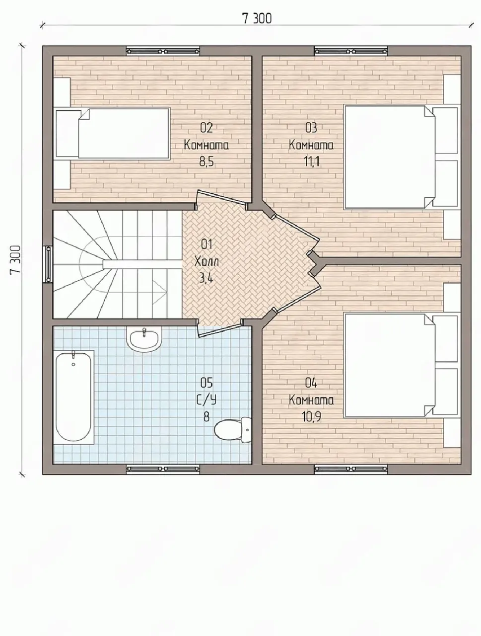 Планировка второго этажа: три комнаты 8,5, 11,1 и 10,9 м², холл и санузел 8 м²