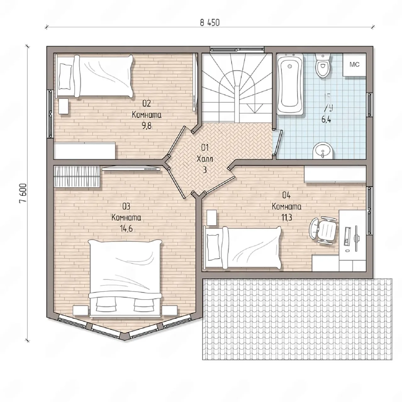 Планировка второго этажа: три комнаты 9,8, 14,6 и 11,3 м², холл и санузел 6,4 м²