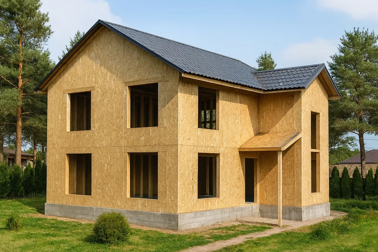 Дом «К-187» в черновой отделке: СИП-панели OSB-3, металлочерепица, пустые проёмы без окон и дверей, в проёмах видны сосновые балки перекрытия