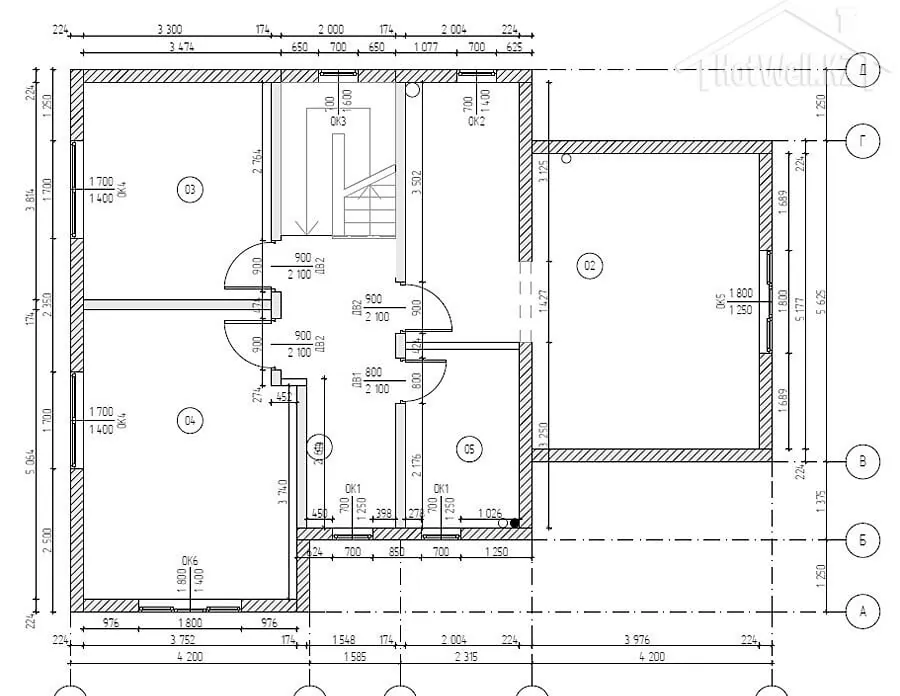 Планировка второго этажа К-210 с размерами комнат и расположением окон
