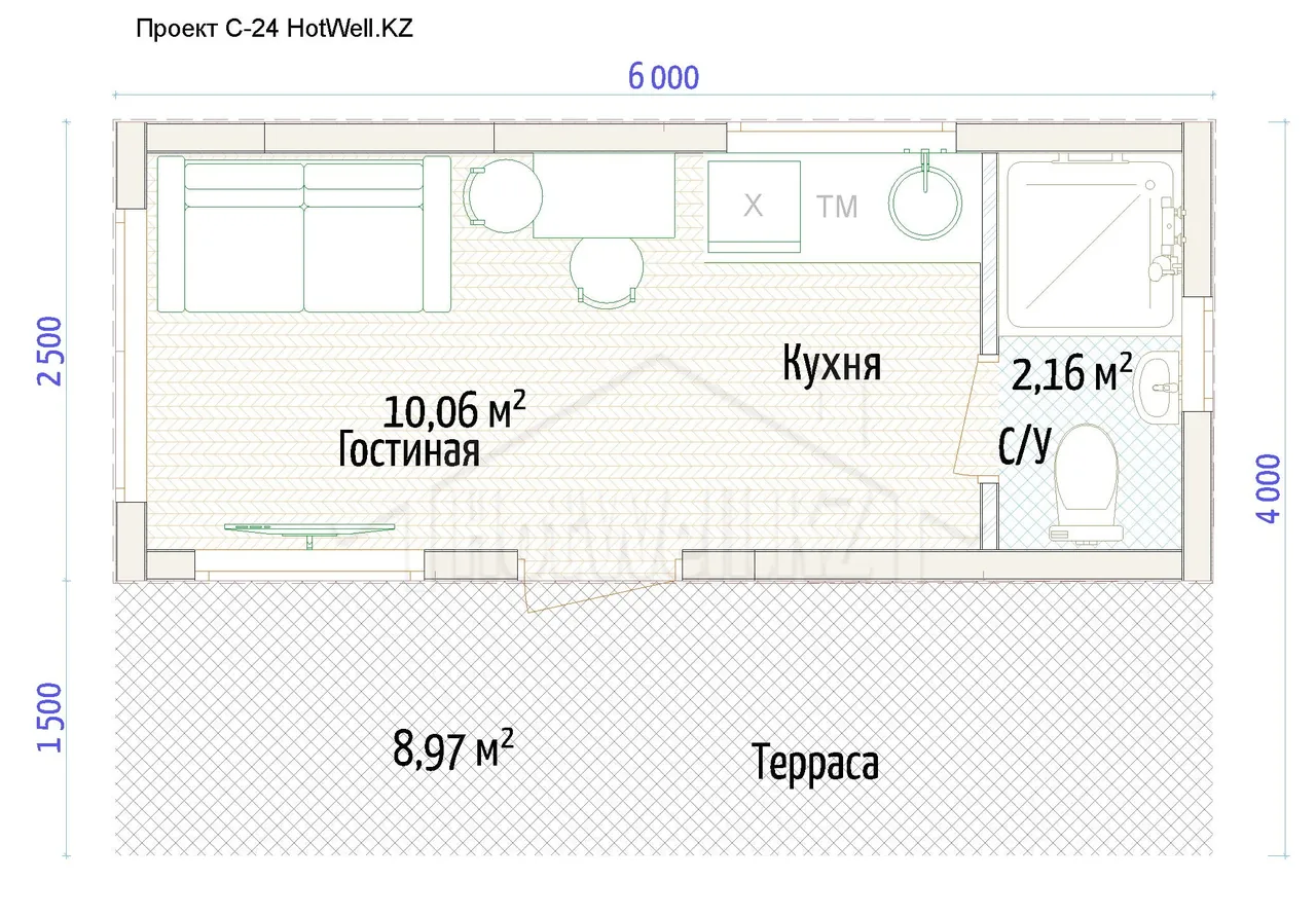 Планировка модульного дома: гостиная 10 м², кухня, санузел и терраса 9 м²