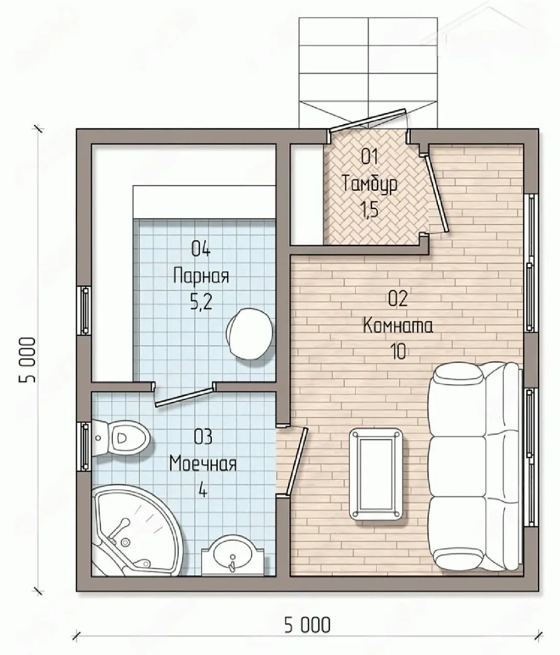 Планировка бани 5х5 метров: тамбур, комната отдыха 10 м², парная и моечная