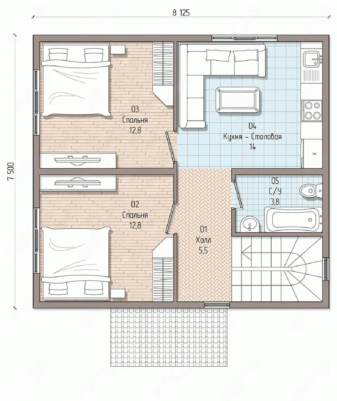 Планировка второго этажа: две спальни по 12,8 м², кухня-столовая 14 м², холл и санузел