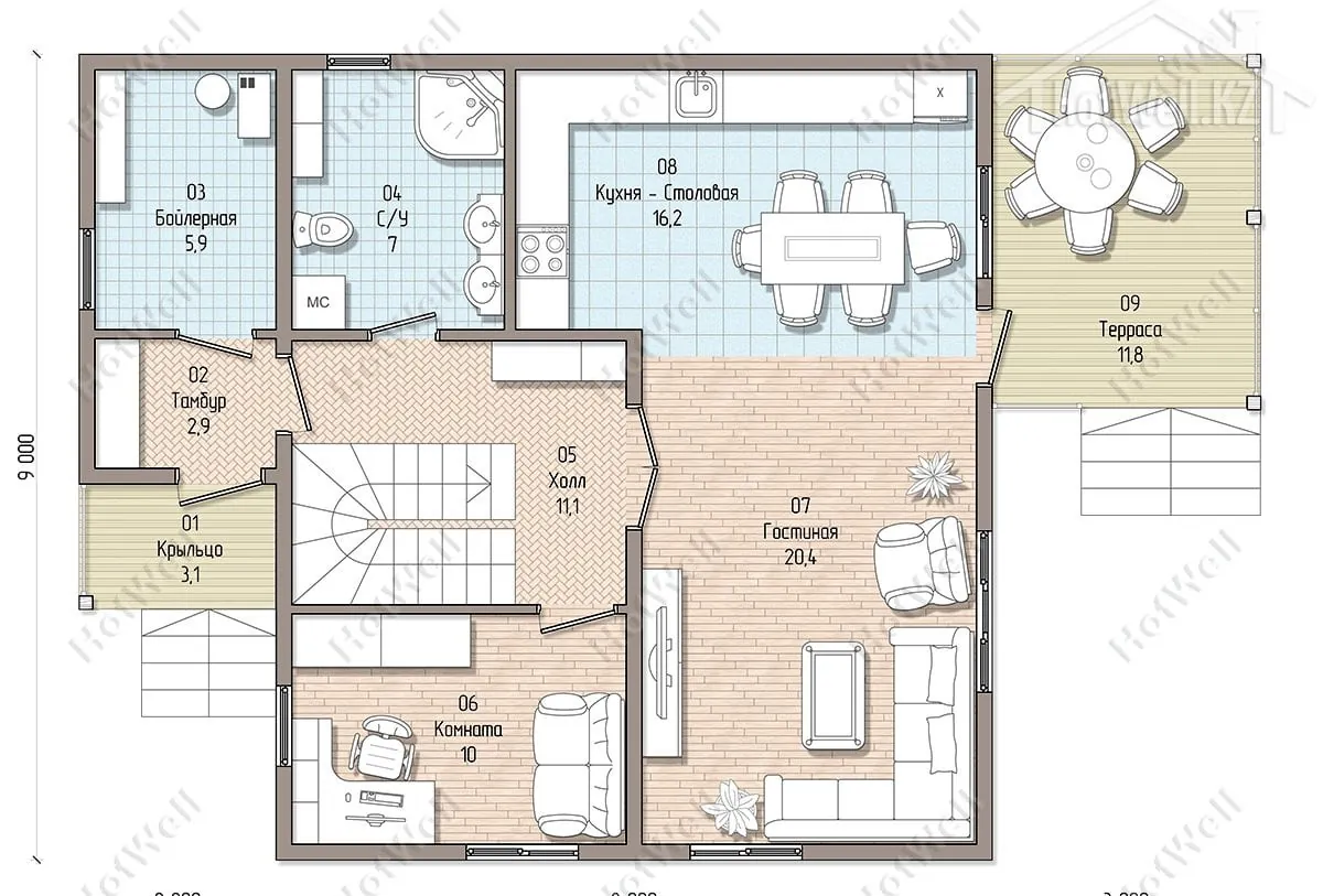 Планировка первого этажа: гостиная 20,4 м², кухня-столовая 16,2 м², терраса, бойлерная, санузел