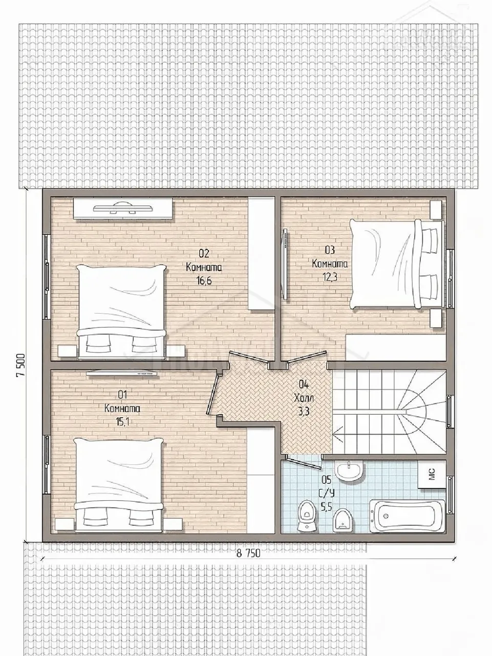 Планировка второго этажа: три комнаты 16,6, 15,1 и 12,3 м², санузел с ванной, холл
