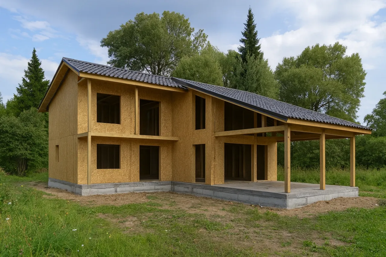 Дом «М-135Б» в черновой отделке: СИП-панели OSB-3, металлочерепица, пустые проёмы без окон и дверей, в проёмах видны сосновые балки перекрытия