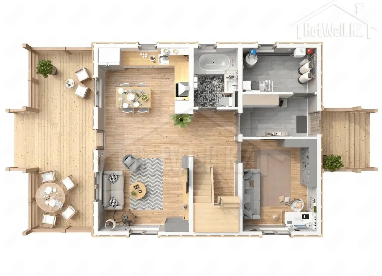 3D-план первого этажа М-156 сверху: кухня, гостиная, санузел, спальня и террасы