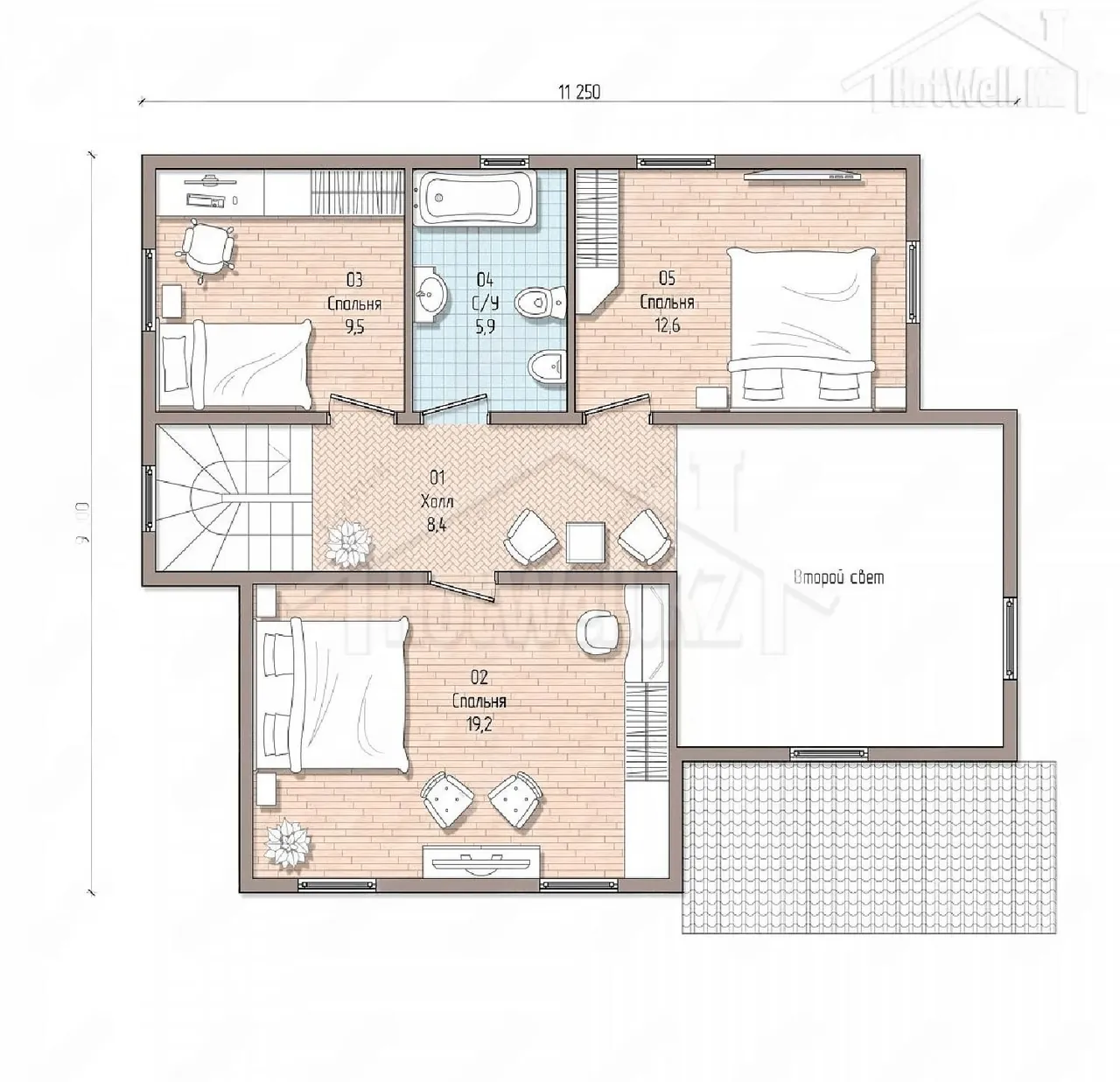 Планировка второго этажа: три спальни 19,2, 12,6 и 9,5 м², санузел и второй свет
