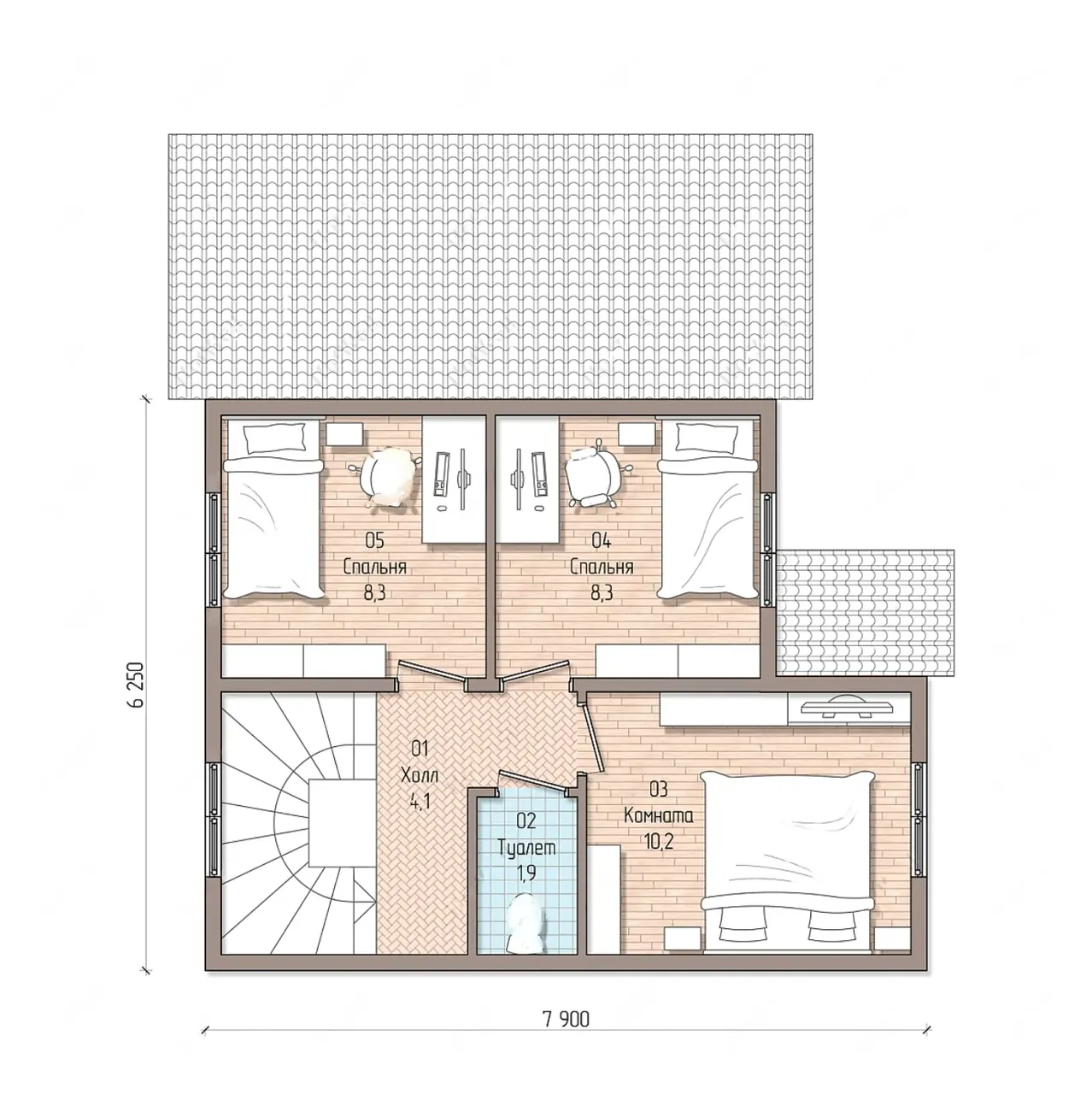 Планировка второго этажа: две спальни по 8,3 м², комната 10,2 м², холл и туалет