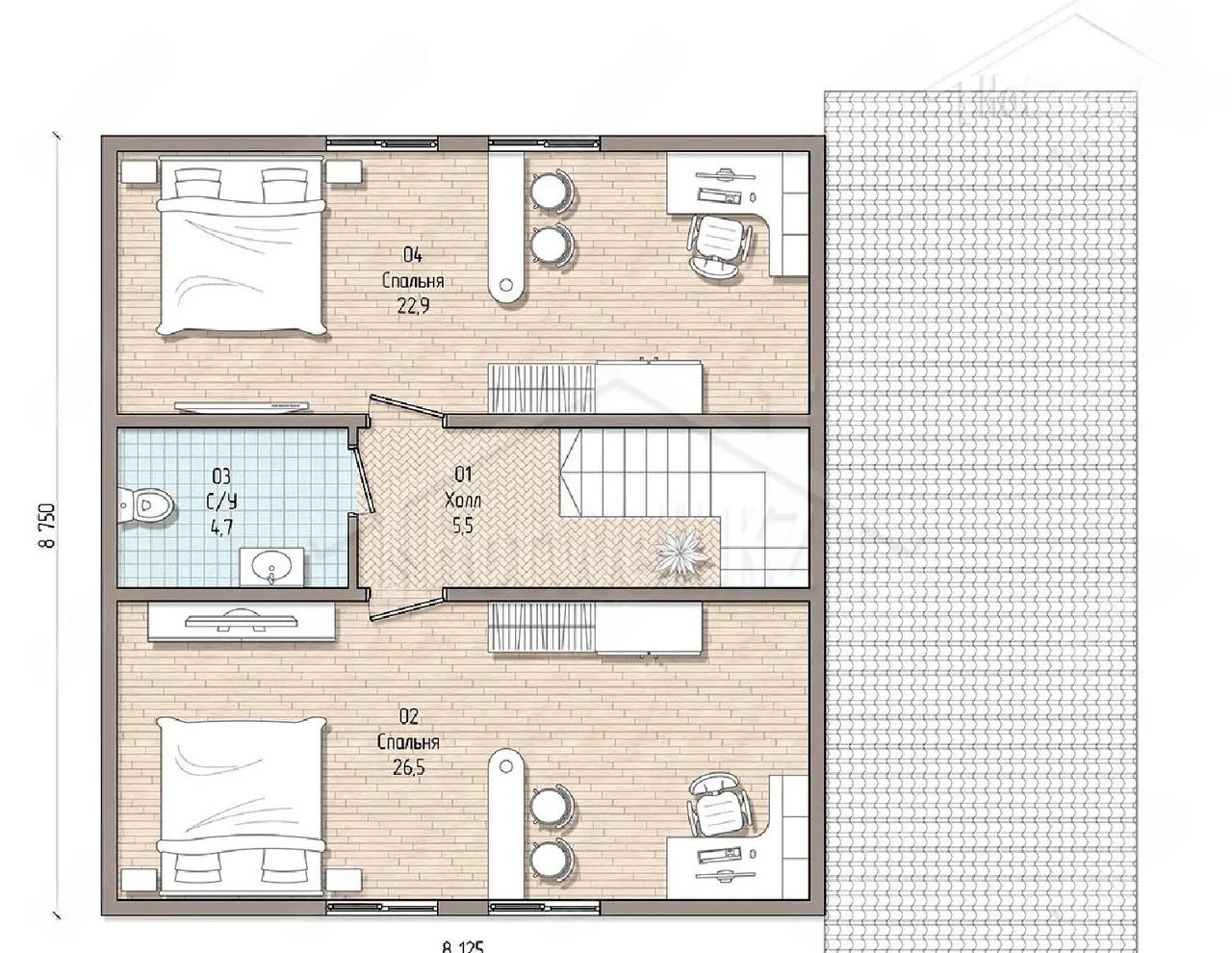 Планировка второго этажа: две спальни 26,5 и 22,9 м², санузел и холл