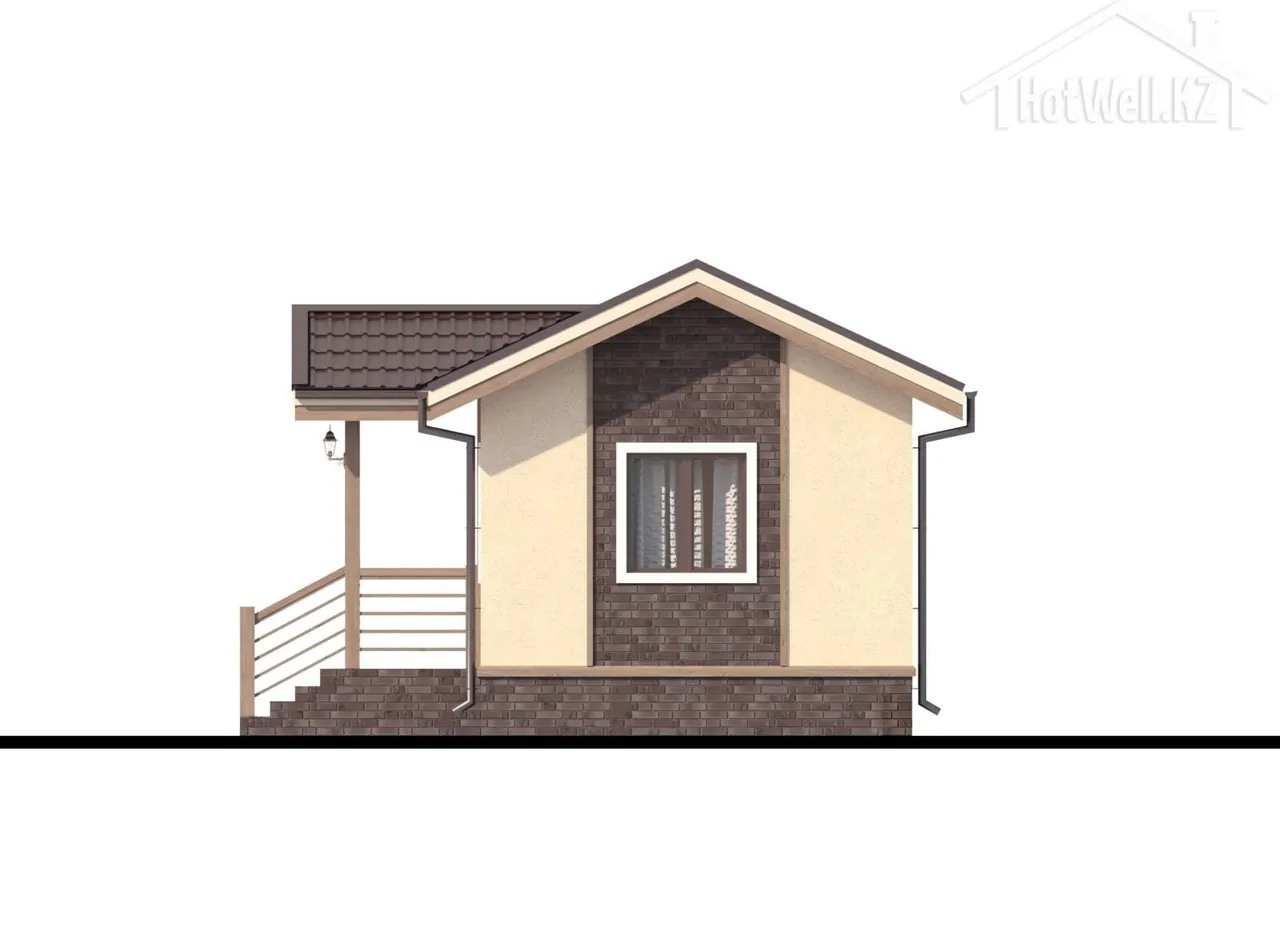 Боковой фасад с крыльцом, лестницей и окном на каменном цоколе