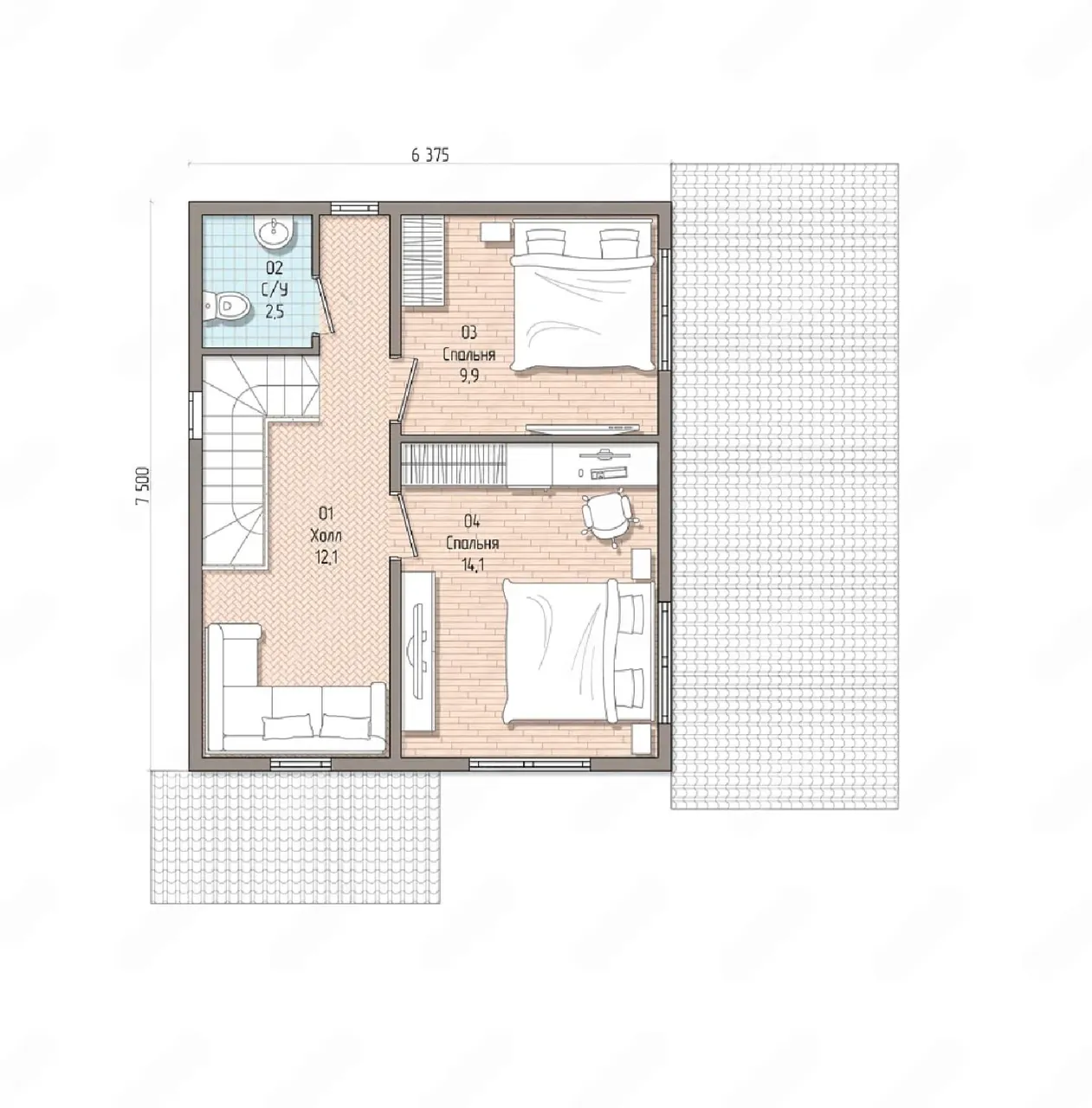 Планировка второго этажа: две спальни 9,9 и 14,1 м, холл 12,1 м и санузел