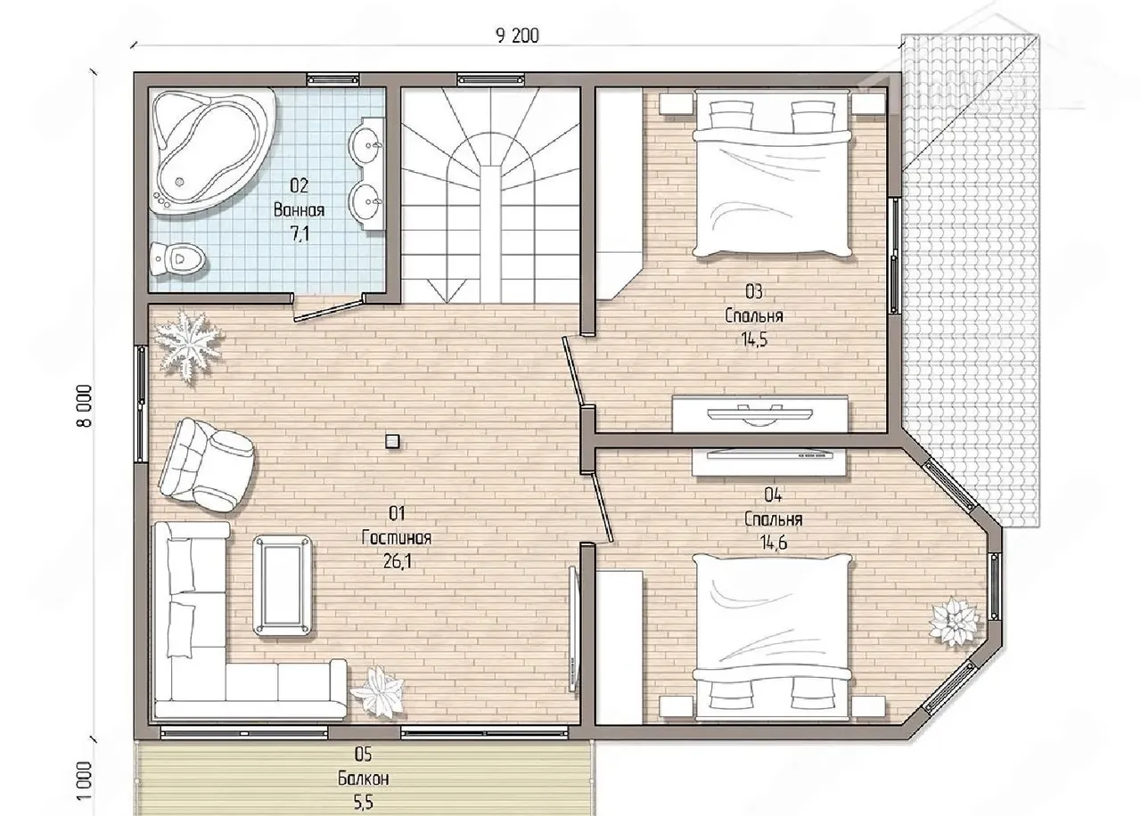 Планировка второго этажа: гостиная 26,1 м², две спальни, ванная и балкон