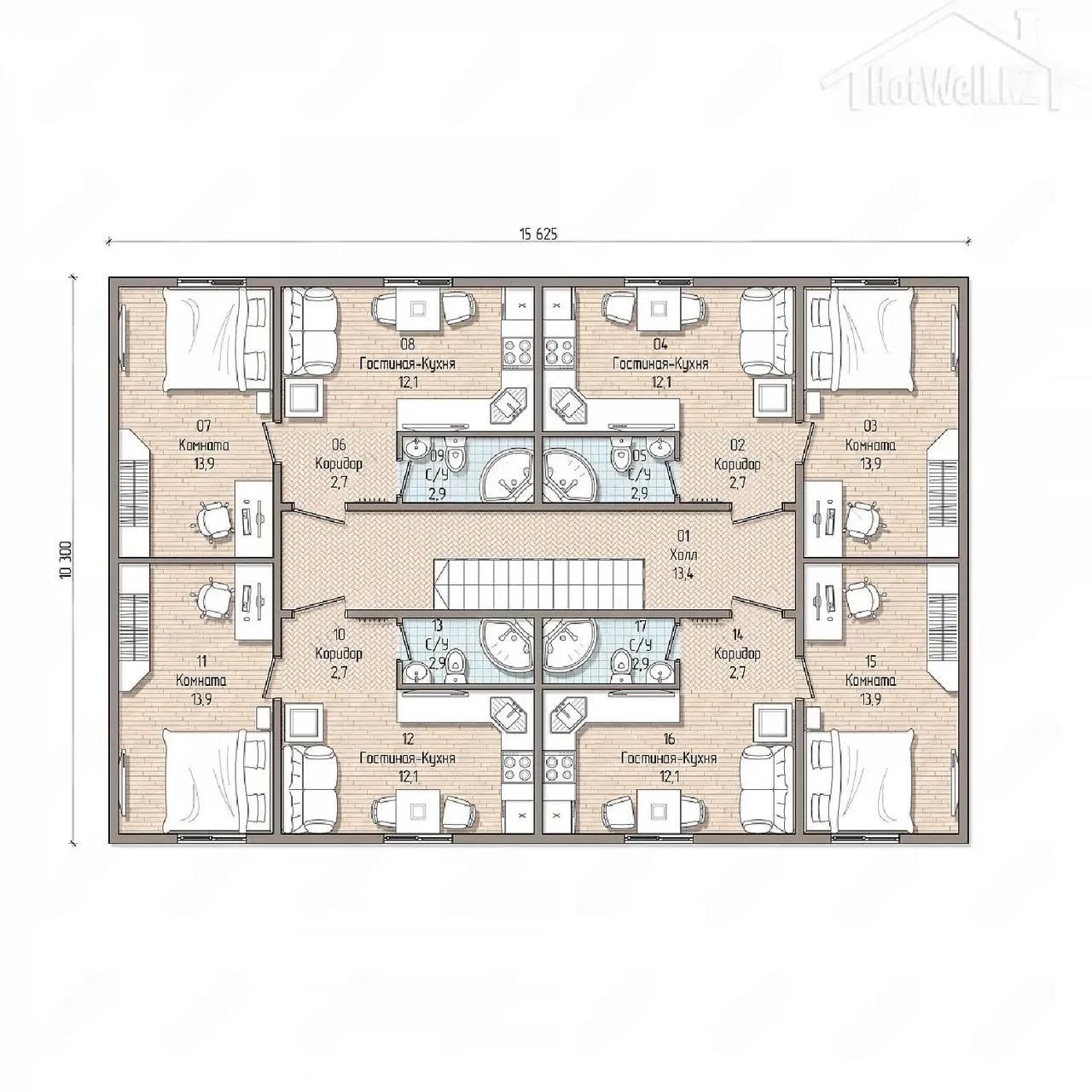 Планировка этажа П-483 с четырьмя блоками комнат по 13,9 м², гостиными-кухнями и санузлами