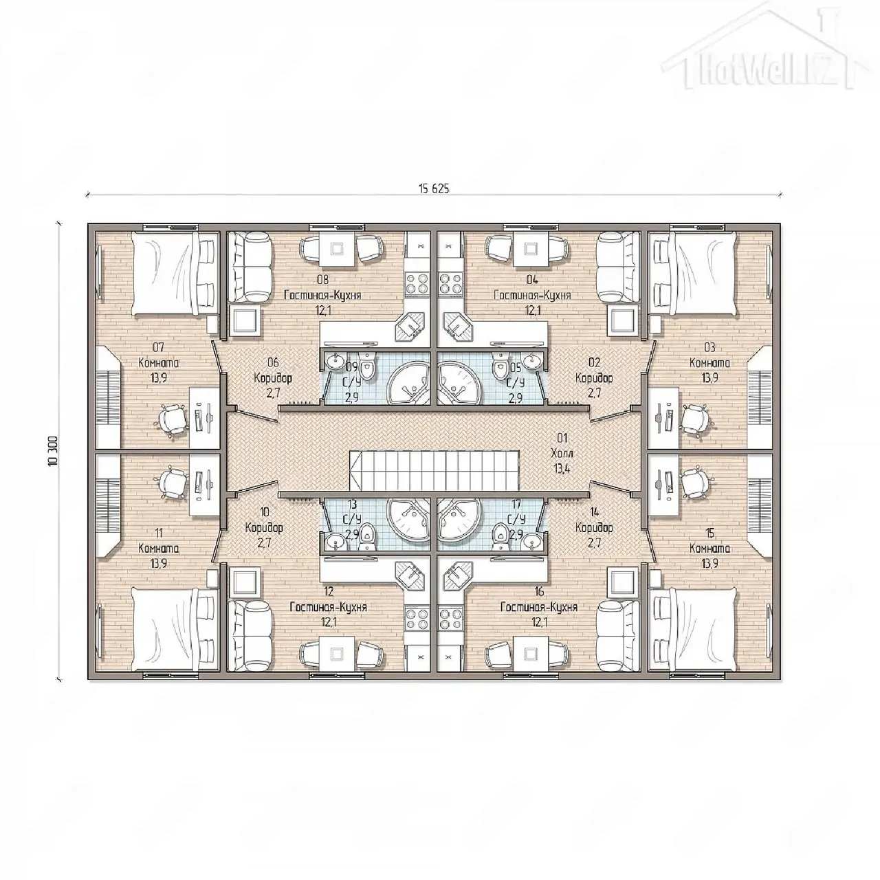 Поэтажный план П-483: комнаты 13,9 м², гостиные-кухни 12,1 м², коридоры и холл с лестницей