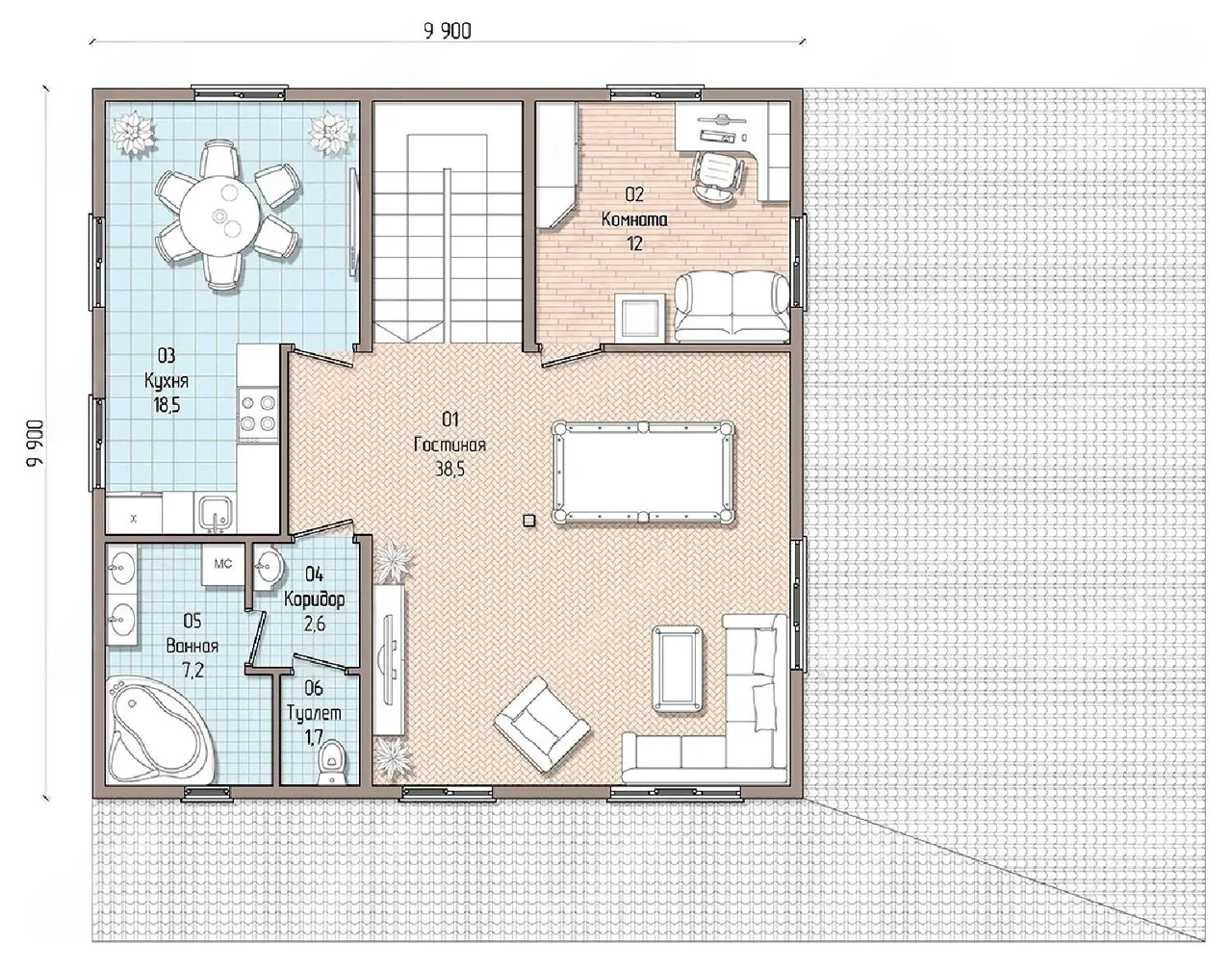 Планировка этажа: гостиная 38,5 м² с бильярдом, кухня, ванная и комната