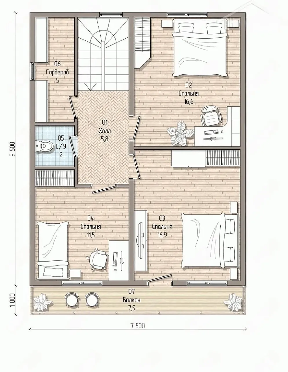 Планировка второго этажа: три спальни, гардероб, санузел и балкон 7,5 м²