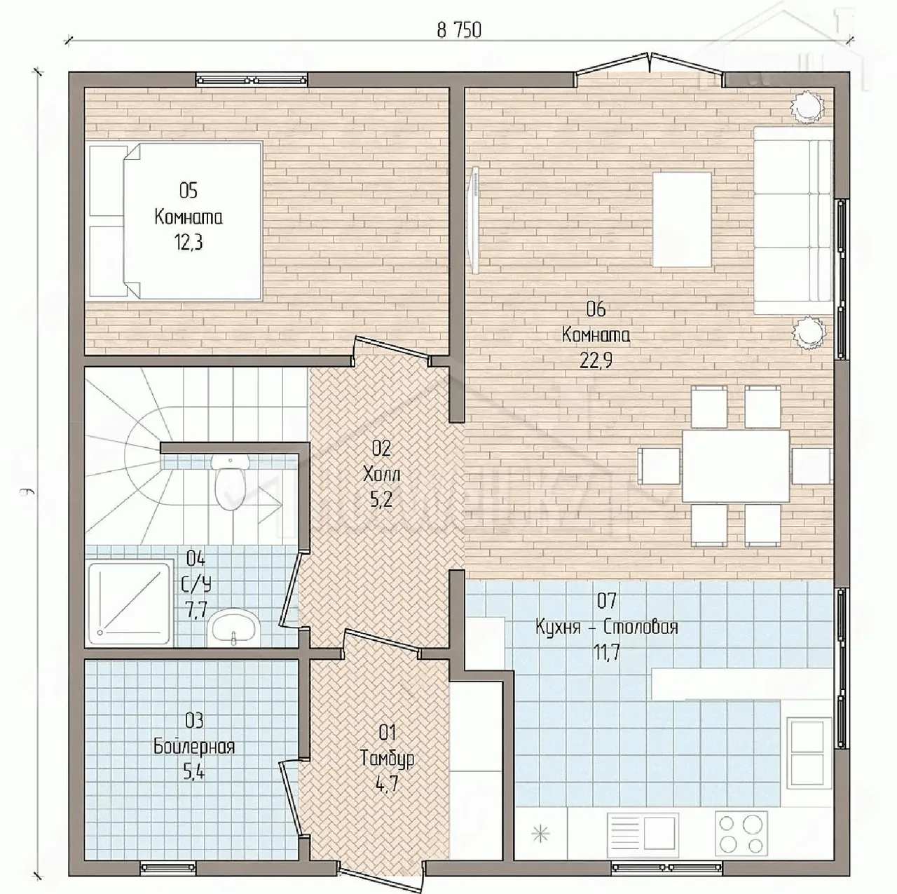 Планировка первого этажа: гостиная 22,9 м², кухня-столовая, комната, холл, бойлерная и санузел