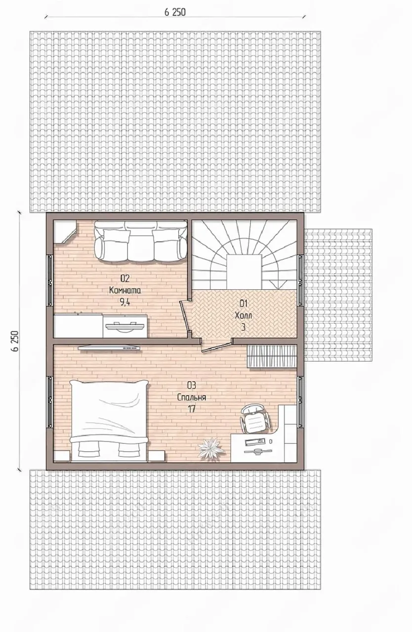 Планировка мансардного этажа: спальня 17 м², комната и холл
