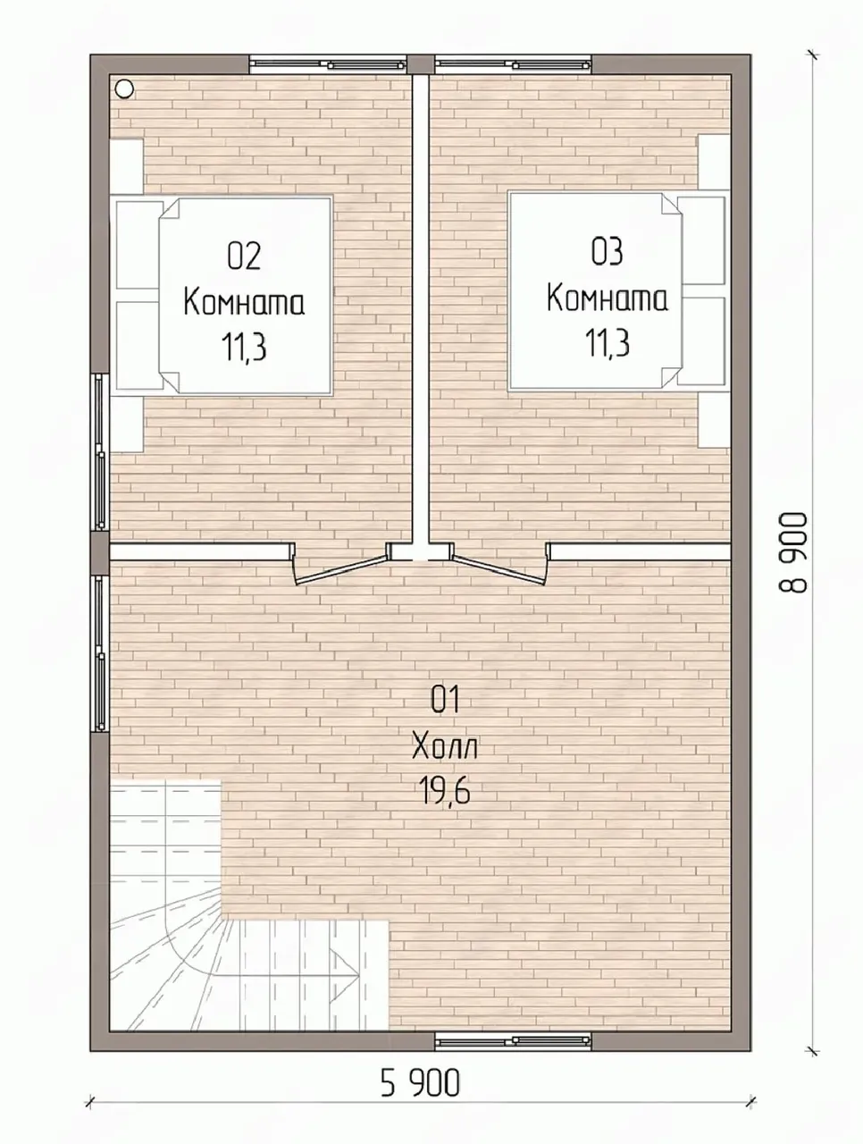 Планировка мансардного этажа: две комнаты по 11,3 м² и холл 19,6 м²