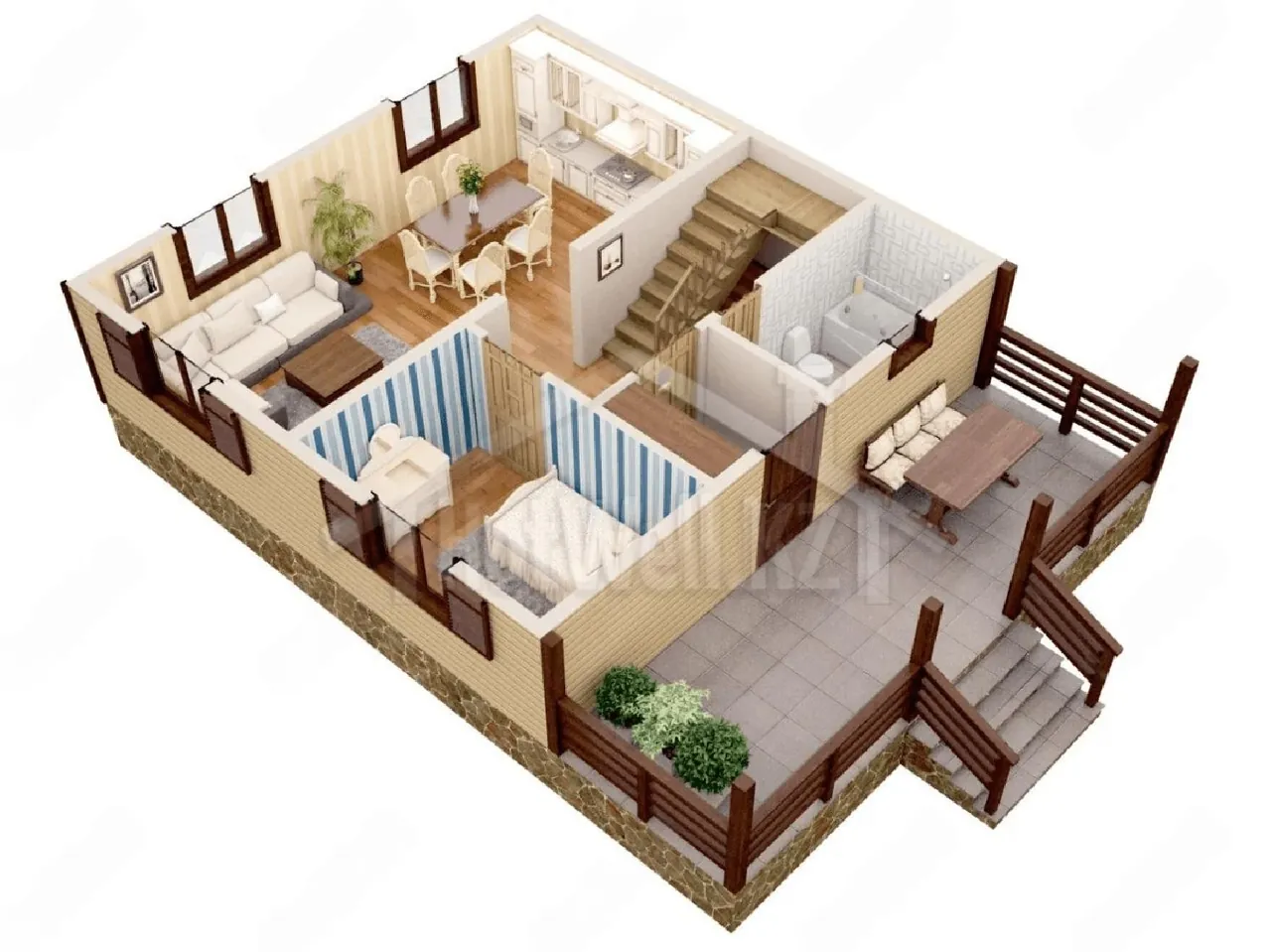 3D-планировка 1-го этажа с гостиной, кухней-столовой и просторной террасой