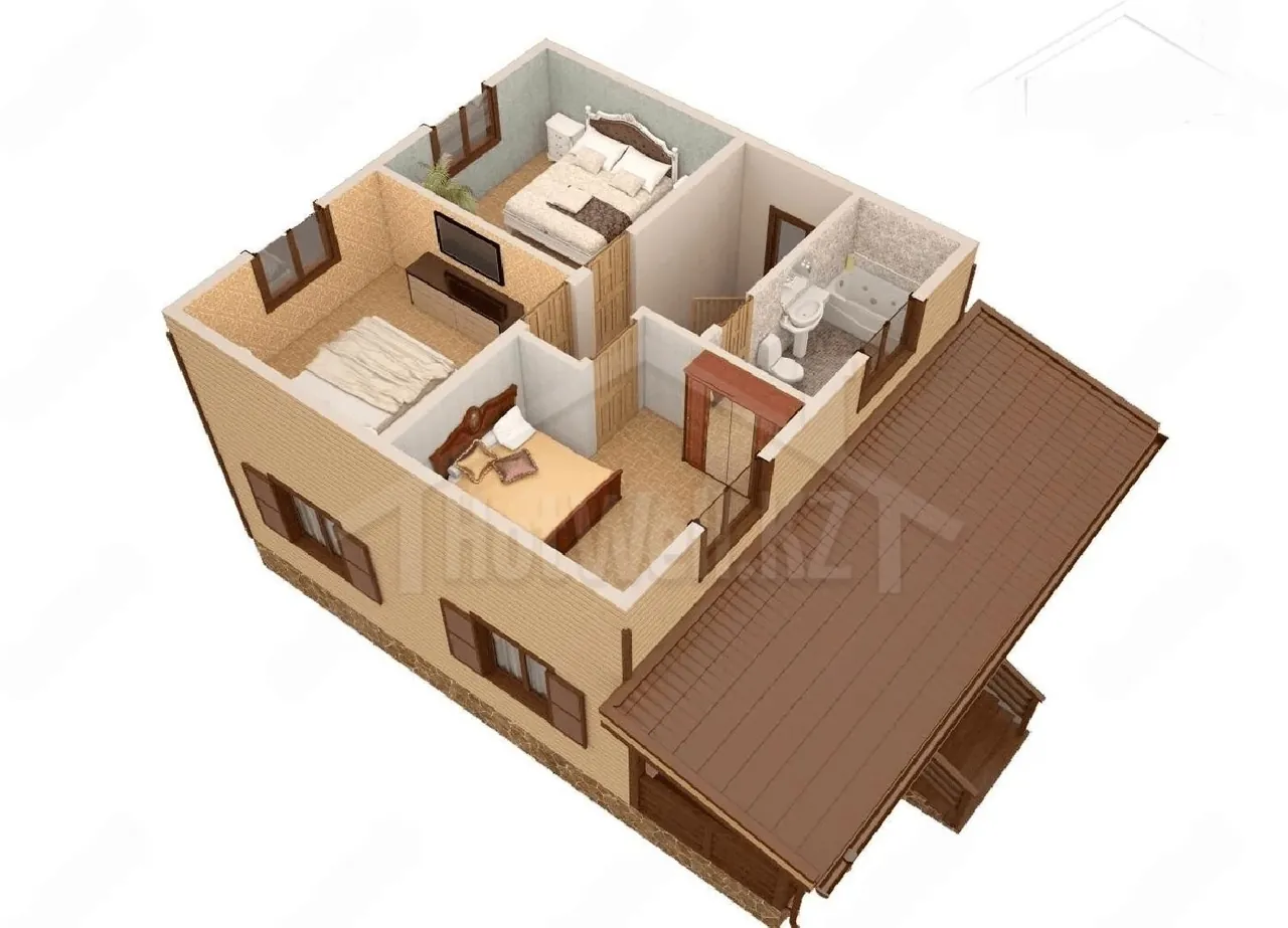 3D-план мансарды с двумя спальнями и ванной комнатой