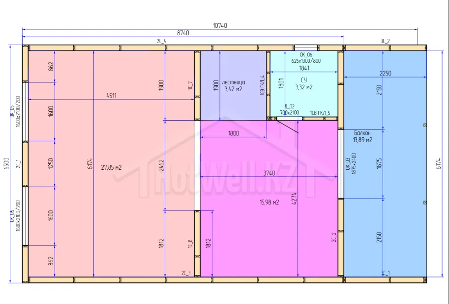 Планировка второго этажа дома «В-100»: комнаты 27,85 и 15,98 м², санузел, лестница и балкон