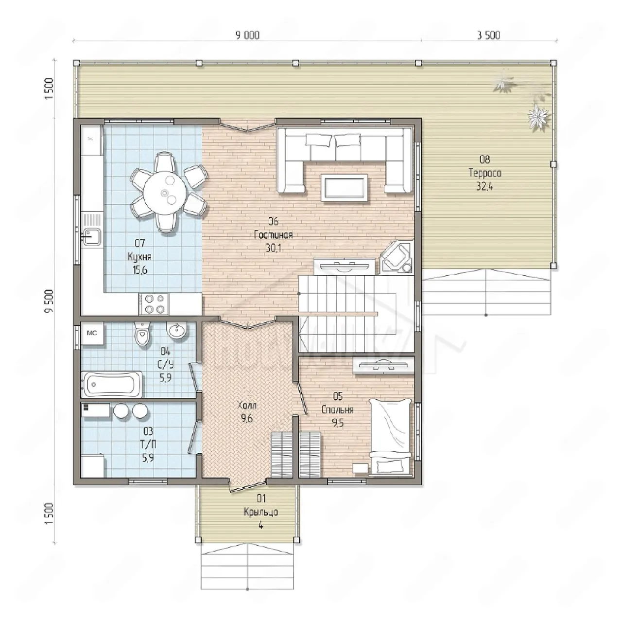 Планировка первого этажа: гостиная 30 м², кухня, спальня и терраса 32 м²